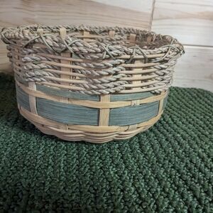 storage basket blue/tan natural wood country rustic decor, round, woven